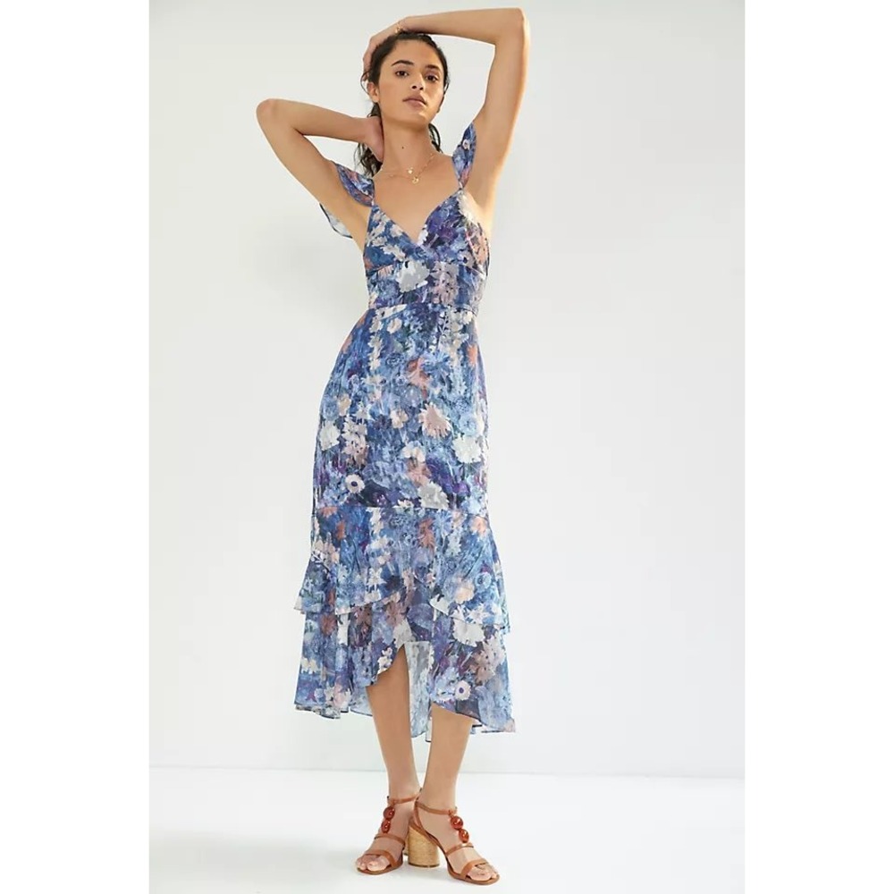 Hutch Floral Dress Womens 6 Ruffle High Low Tiered Blue Purple Excellent